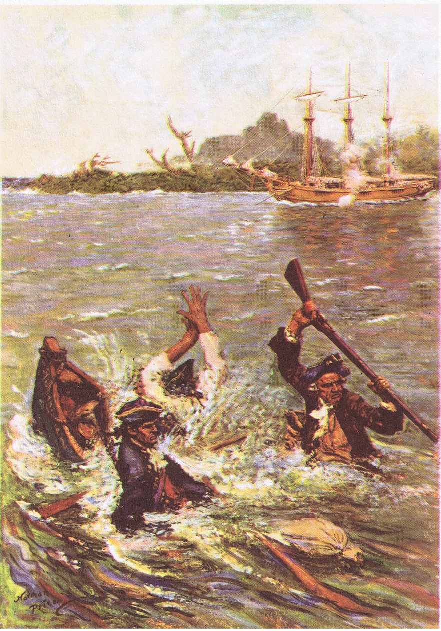 O barco afundou pela popa em três pés de água, de Treasure Island publicado por MacDonald 1947 (lito a cores) de Norman Mills Price