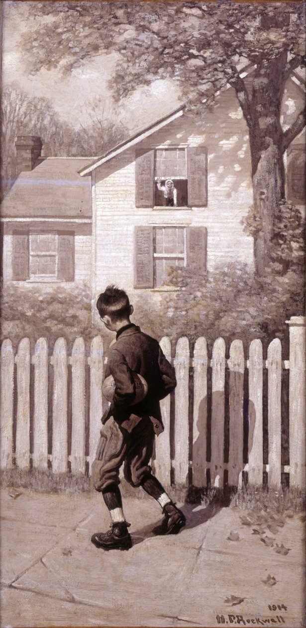 O futebol mágico ”, Tommy apareceu na janela do andar de cima. (Menino com caxumba) de Norman Rockwell