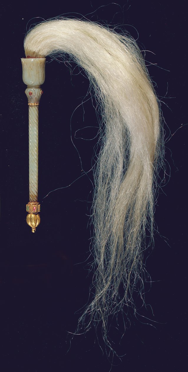 Um flywhisk Mughal esculpido em jade (jade, pedra vermelha, ouro e pelo de cavalo), c.1775-79 de North Indian School