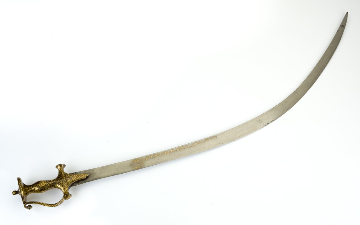 Sabre de Talwar com punho indo-muçulmano do tipo Panjabi, lâmina possivelmente do século 18, punho do século 19 (aço, ferro russeted, ouro falso-damasco) de North Indian School
