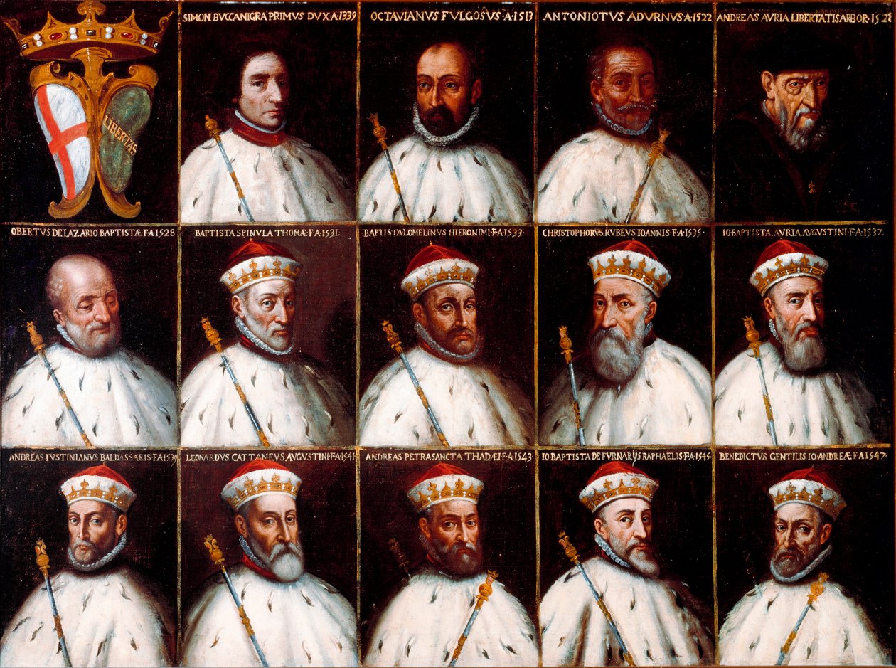 Brasão da República de Genes e retratos dos Doges - Simone Boccanegra, Ottaviano Fregoso e Antoniotto II Adorno; Andrea Doria. Oberto Cattaneo Lazzari, Battista Spinola, Battista Lomellini, Cristoforo Grilaldi Rosso, Giovanni Battista Doria de Northern Italian School