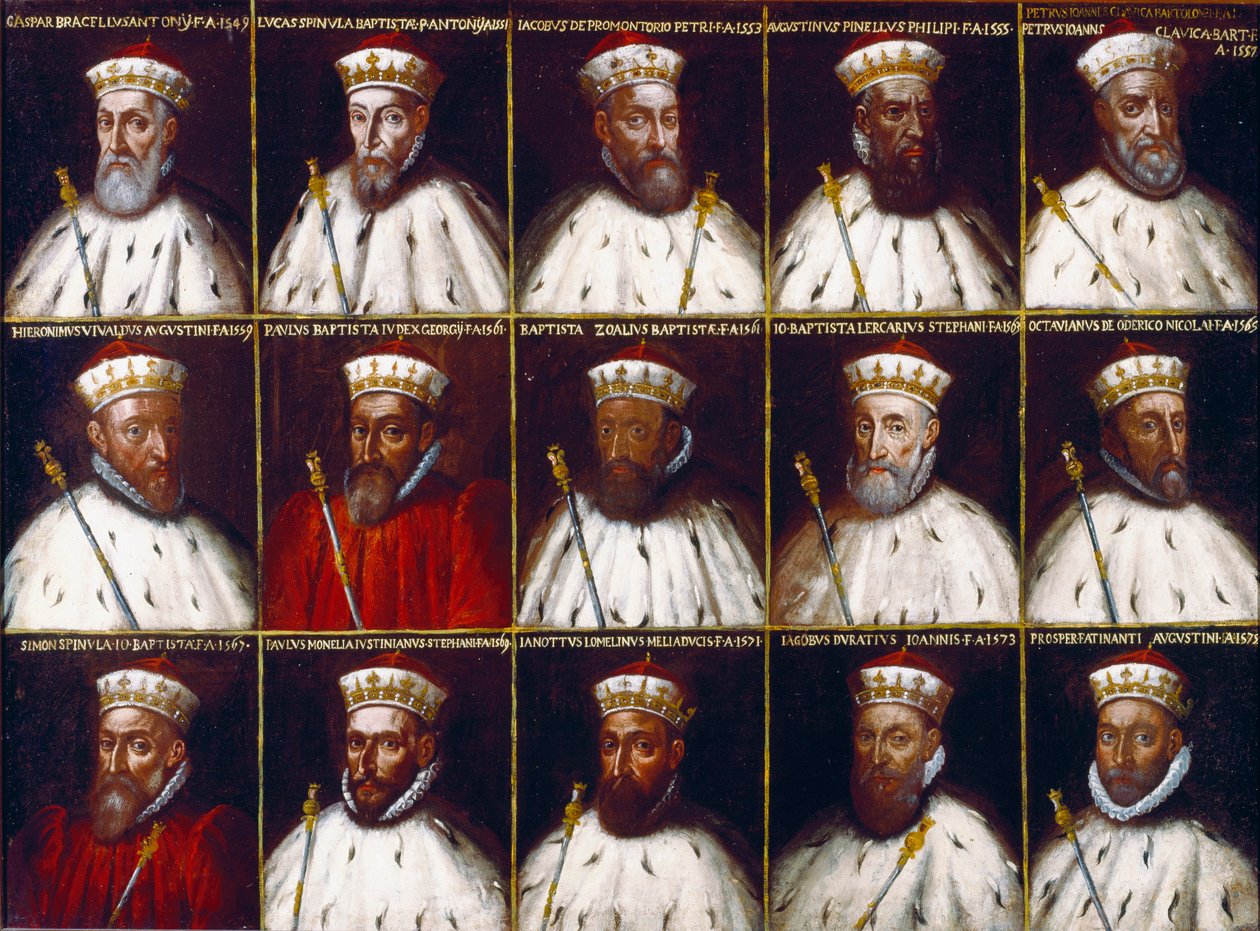 Brasão da República de Genes e retratos dos Doges. Gaspare Grimaldi Bracelli, Luca Spinola, Giacomo Promontorio, Agostino Pinello Ardimenti, Pietro Giovanni Chiavica, Girolamo Vivaldi, Paolo Battista Giudice, Battista Cicala Zoaglio, Giovan de Northern Italian School