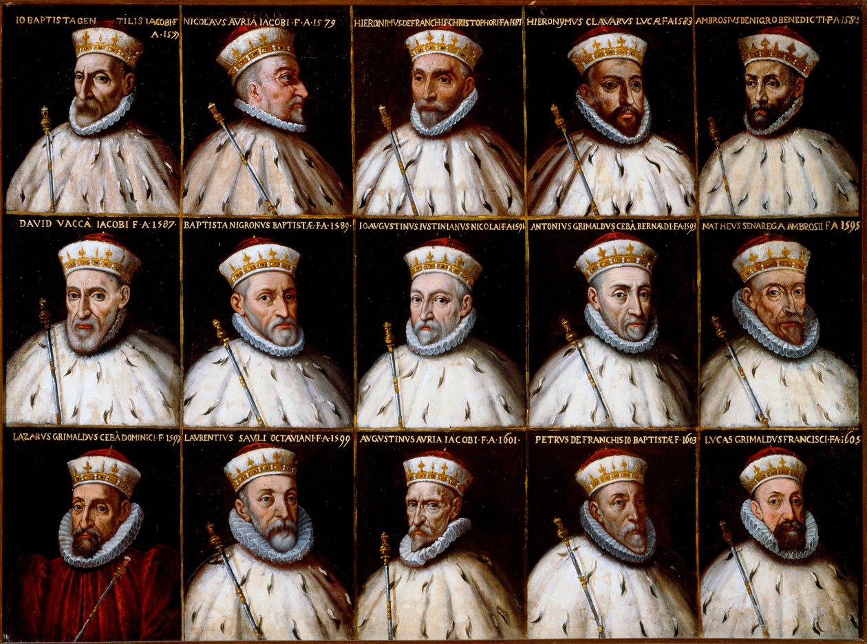 Brasão da República de Genes e retratos dos Doges. Gio Battista Gentile Pignolo, Nicolò Doria, Gerolamo De Franchi Toso, Gerolamo Chiavari, Ambrogio Di Negro, Davide Vacca (ou Vaccari), Battista Negrone, Gio Giustiniani Campi, Antonio Grimal de Northern Italian School