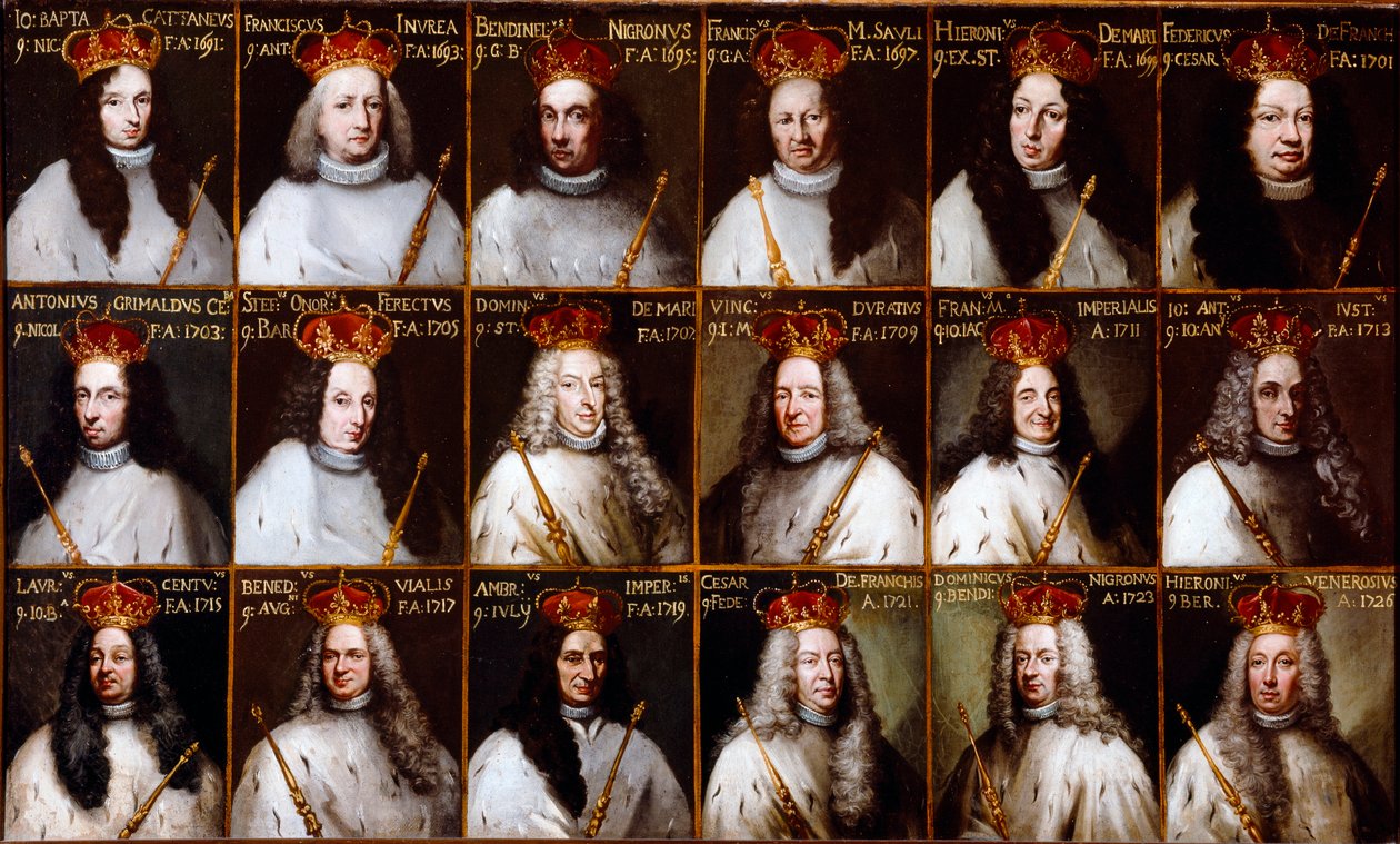 Brasão da República de Genes e retratos dos Doges. Giovanni Battista Cattaneo, Francesco Invrea, Negrone Bendinelli, Francesco Maria Sauli, Girolamo De Mari, Federico De Franchi, Antonio Cebà Grimaldi, Onorato Stefano Ferreti, Domenico De Ma de Northern Italian School