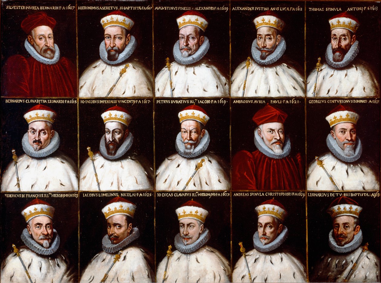 Brasão da República de Genes e retratos dos Doges. Silvestro Invrea, Gerolamo Assereto, Agostino Pinello Luciani, Alessandro Giustiniani Longo, Tomaso Spinola, Clavarezza Bernardo, Giovanni Giacomo Imperiale (Tartaro), Pietro Durazzo, Ambrog de Northern Italian School