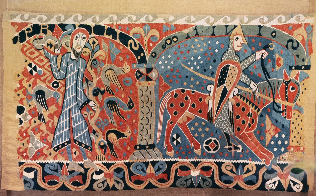 Cavaleiro normando em um cavalo malhado e um homem cercado por pássaros, detalhe da Tapeçaria Baldishol da Igreja Baldishol, Hedmark de Norwegian School
