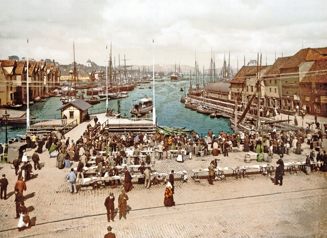 Mercado de Peixe, Bergen, pub. c.1900 de Norwegian Photographer