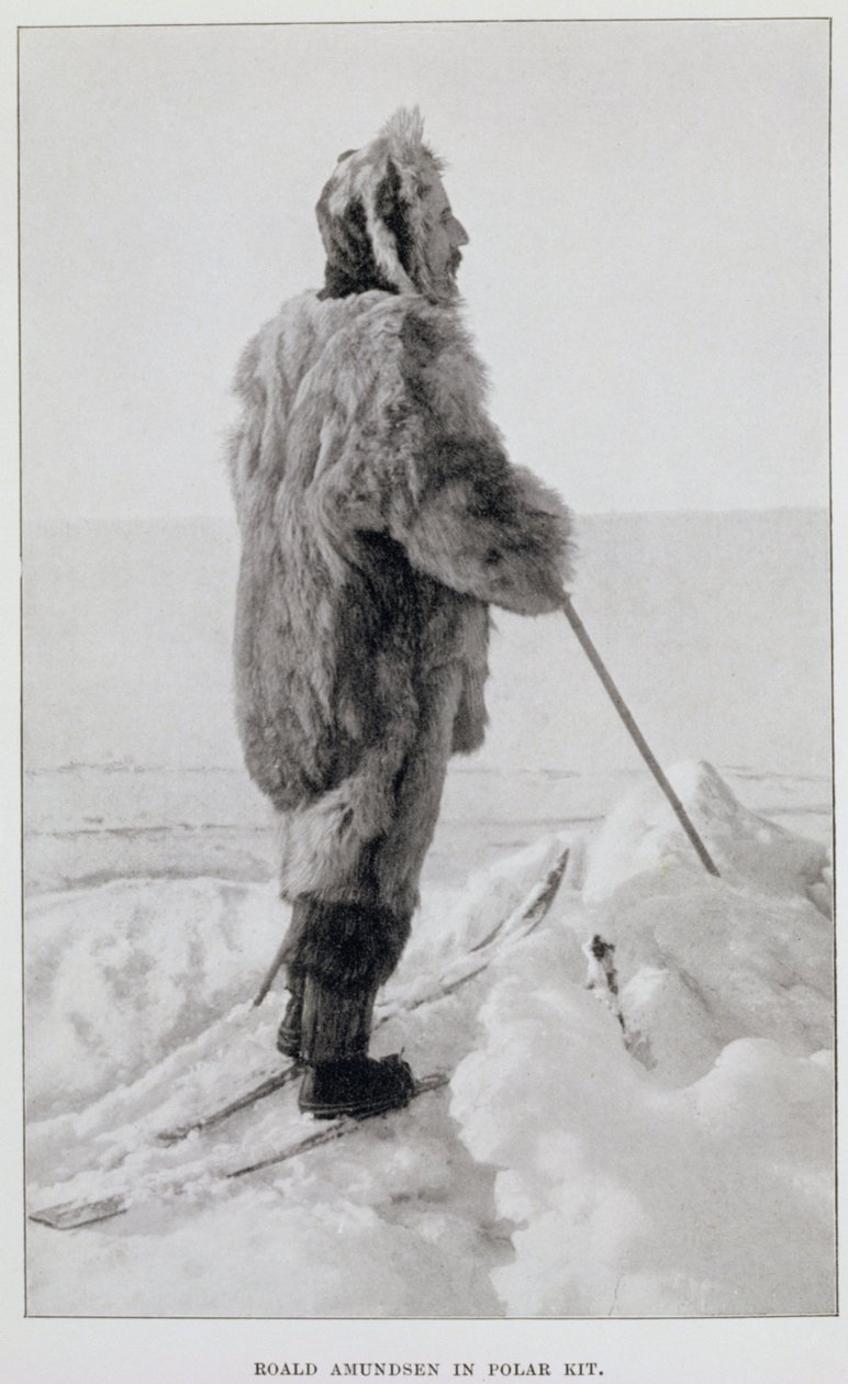 Roald Amundsen com o equipamento polar, de "The South Pole...", publ. 1912 (litografia) de Norwegian School