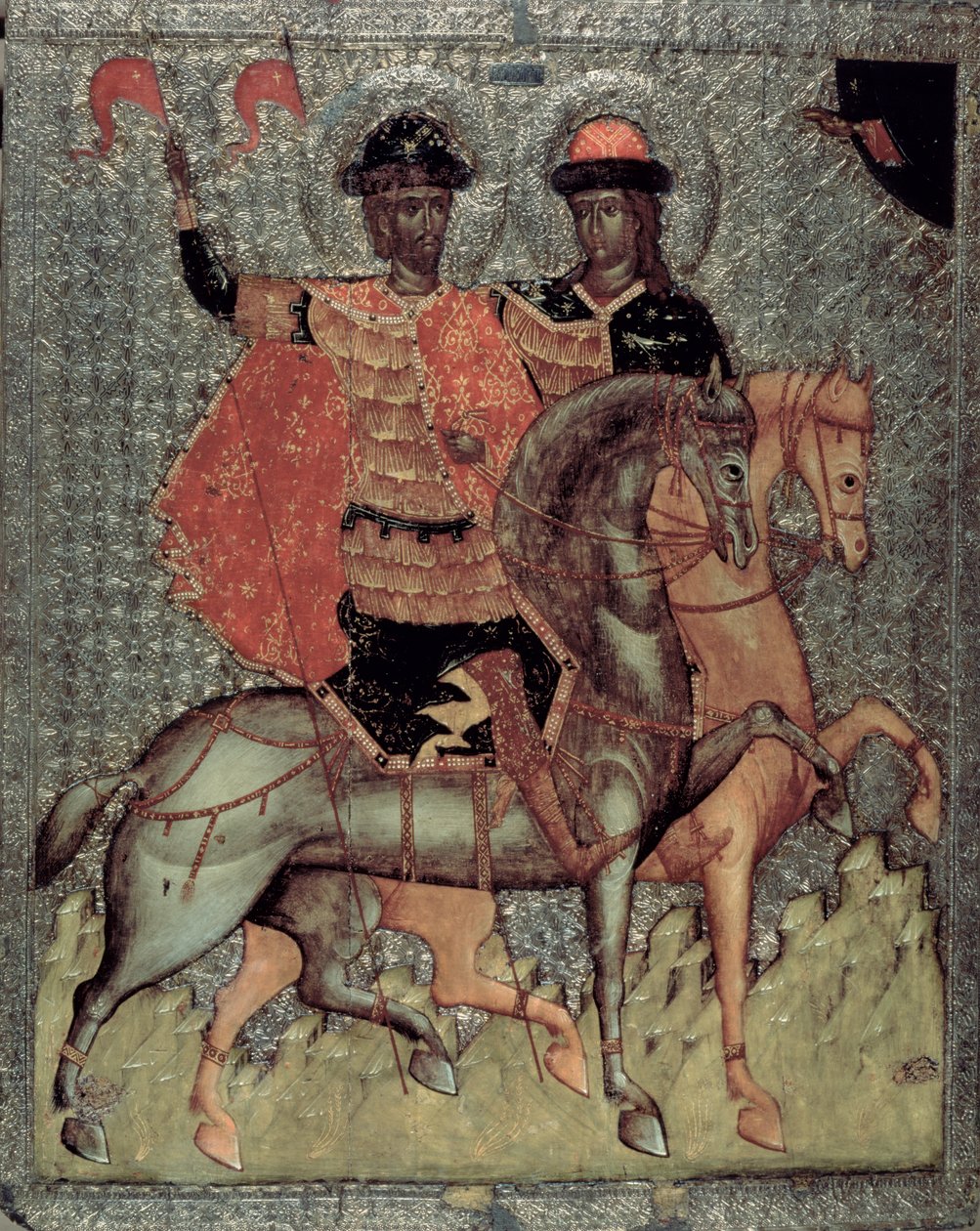 St. Boris e St. Gleb Mounted, c.1377 (têmpera no painel) de Novgorod School