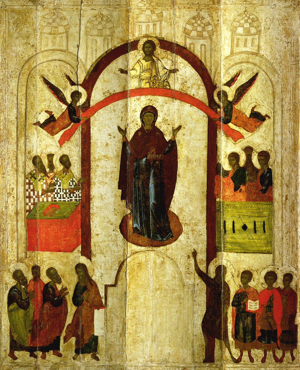 A proteção do ícone russo Theotokos (Mãe de Deus) do Mosteiro de Zverin, 1399 (têmpera no painel) de Novgorod School
