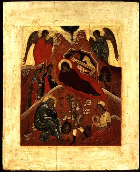 Ícone da Natividade, a Adoração dos Reis Magos e a Tentação de São José, c.1500 (folha de ouro e têmpera em painel) de Novgorod School