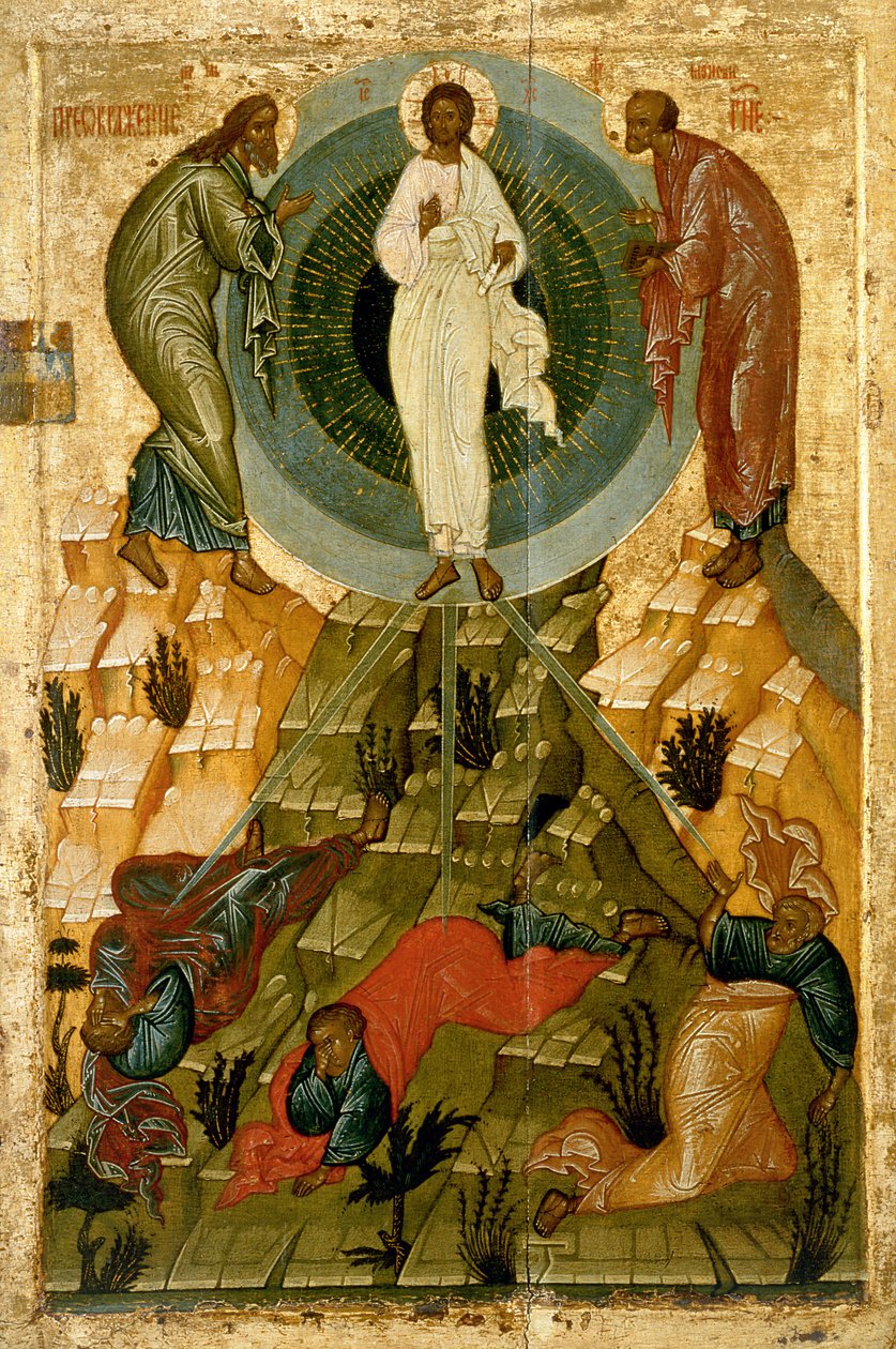 A Transfiguração de Nosso Senhor, ícone russo da Igreja da Dormição Santo Theotokos no campo de Volotovo perto de Novgorod (têmpera no painel) de Novgorod School