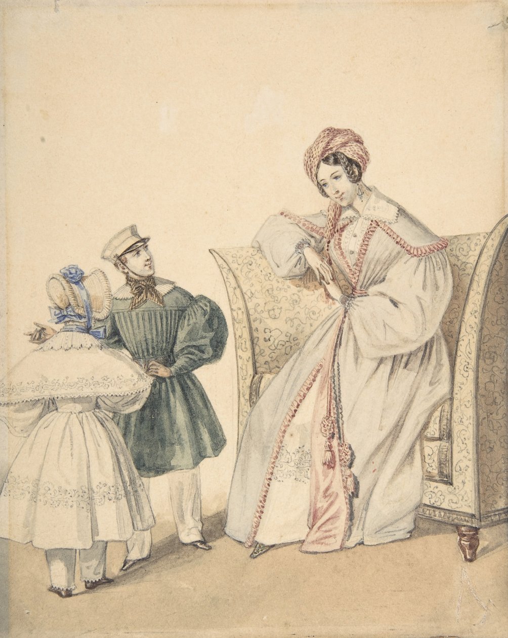 Desenho de Moda com Mulher Sentada em Cadeira com Menino e Menina, século XIX. de Numa Bassaget
