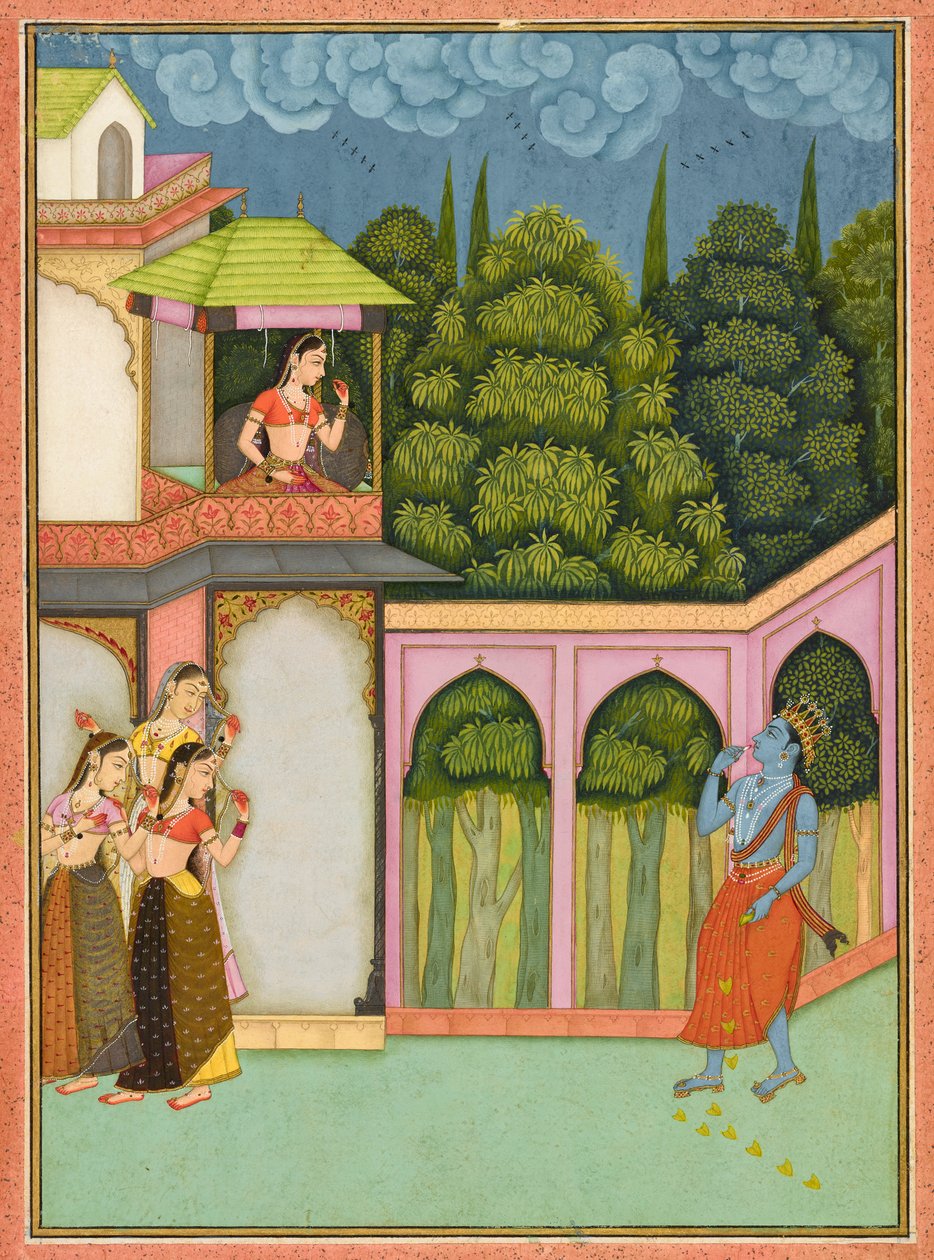 Krishna se aproxima de Radha, fólio de um <em>Rasikpriya</em> de Nuruddin