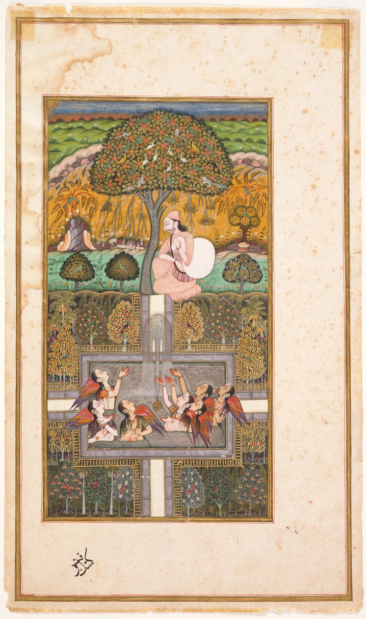 Raja Bikram e os anjos, ilustração do Gulsham-i-Ishq, c.1700 (wc com ouro no papel) de Nusrati of Bijapur