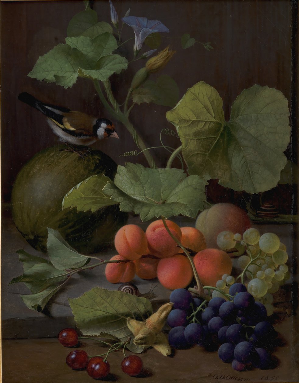 Natureza morta com frutas e um pintassilgo de O.D. Ottesen