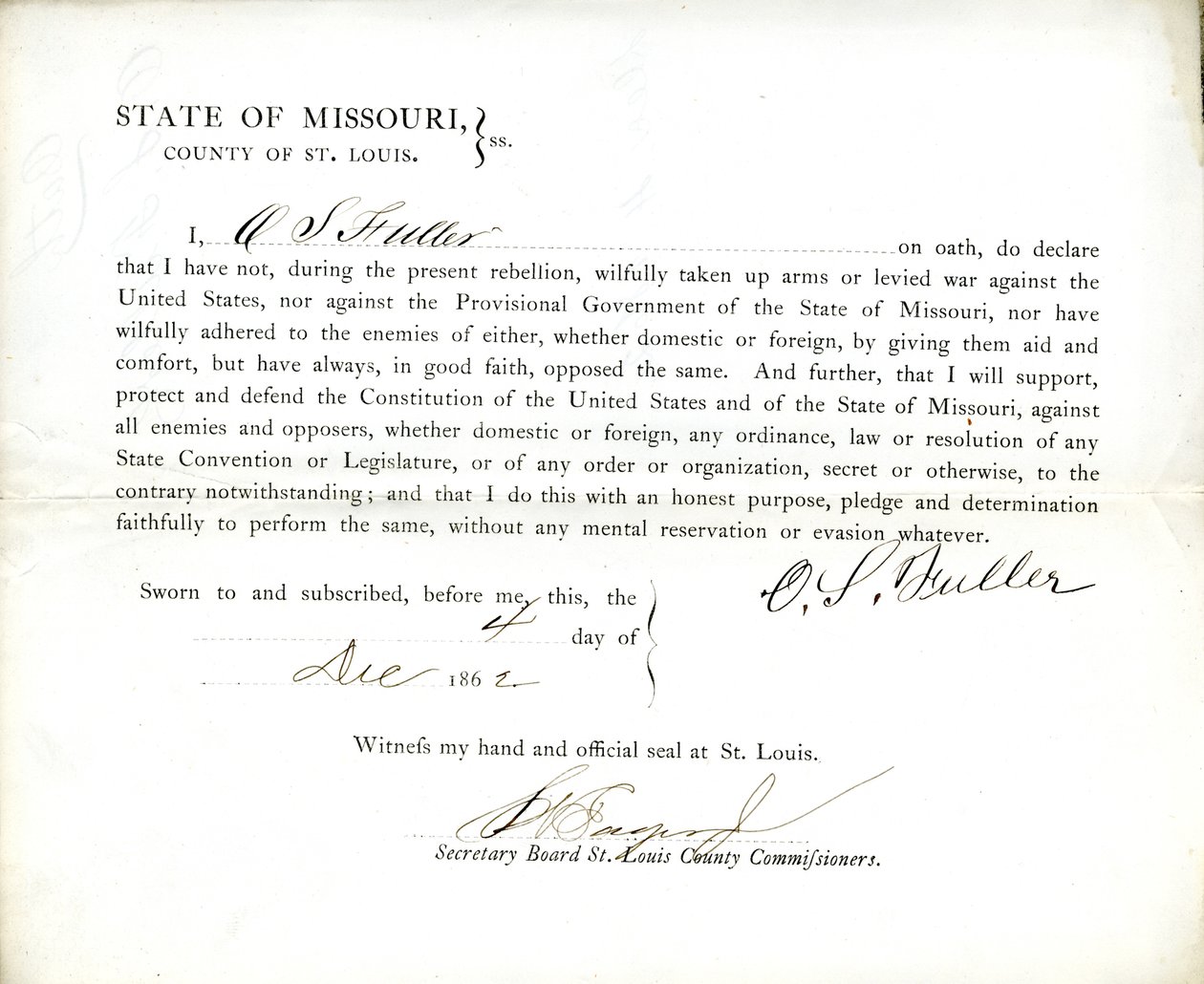 Juramento de lealdade de O. S. Fuller do Missouri, Condado de St. Louis de O.S. Fuller