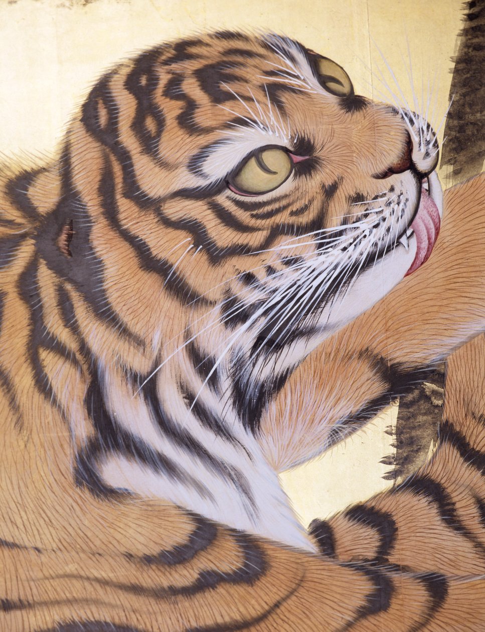 Tigres numa Paisagem (tinta e cor sobre folha de ouro) de Obun Kunii