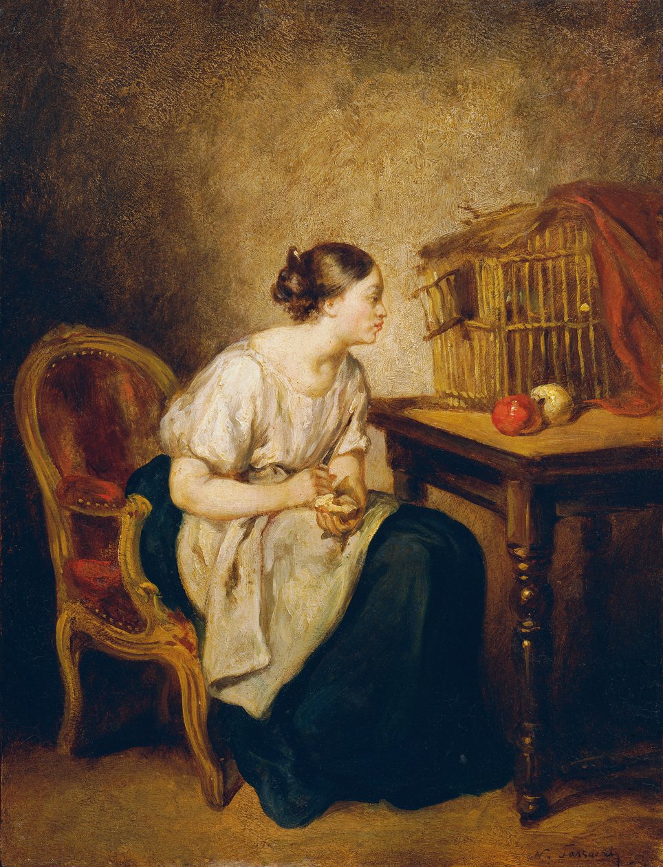 Mulher jovem com gaiola de Octave Nicolas Francois Tassaert