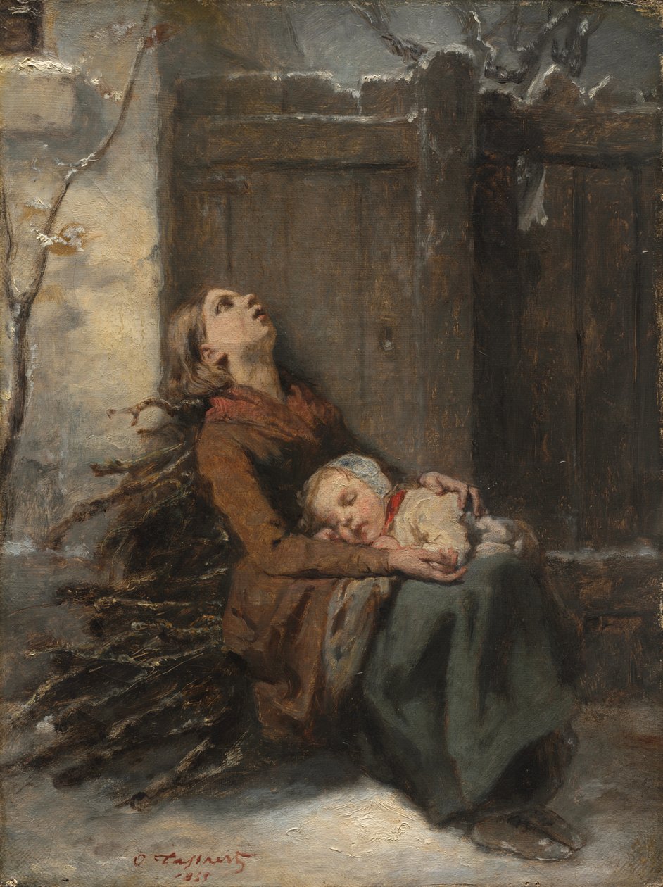Mãe morta destituída, segurando seu filho adormecido no inverno, c. 1850 de Octave Tassaert