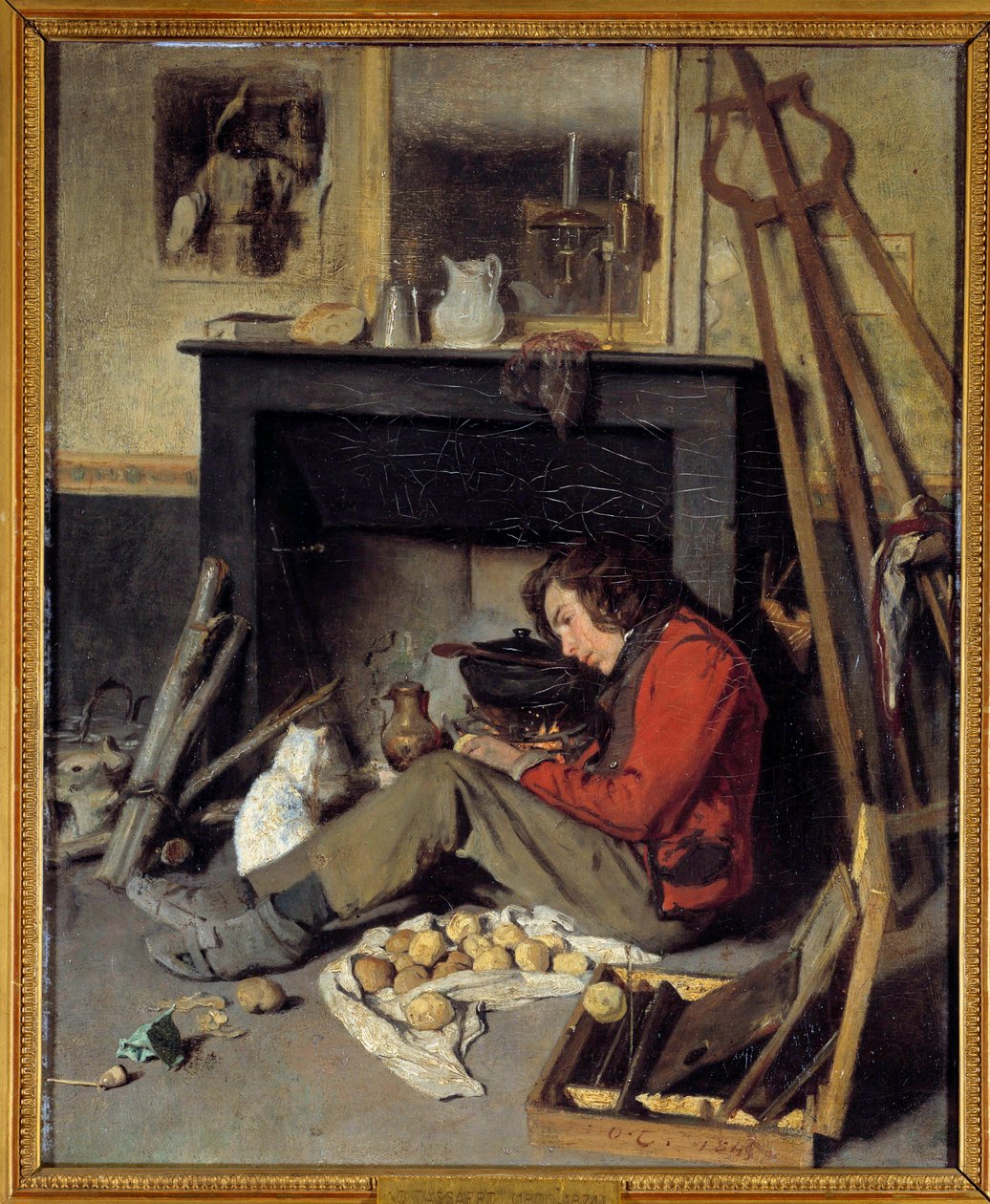 Interior da oficina Um pintor perto da sua lareira. Pintura de Octave Tassaert (1800-1874) 1845 Sol. 0,46x0,38 m de Octave Tassaert