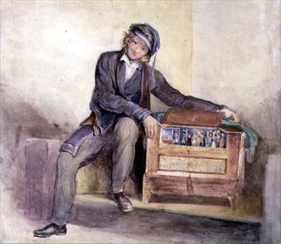 O Moedor de Órgãos, c.1840 (aquarela sobre lápis sobre papel) de Octavius Oakley