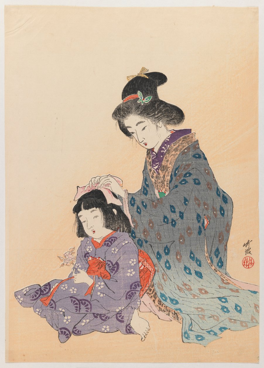 Woman Fixing Girls Hair, 1900 (impressão em xilogravura) de Odake Chikuha