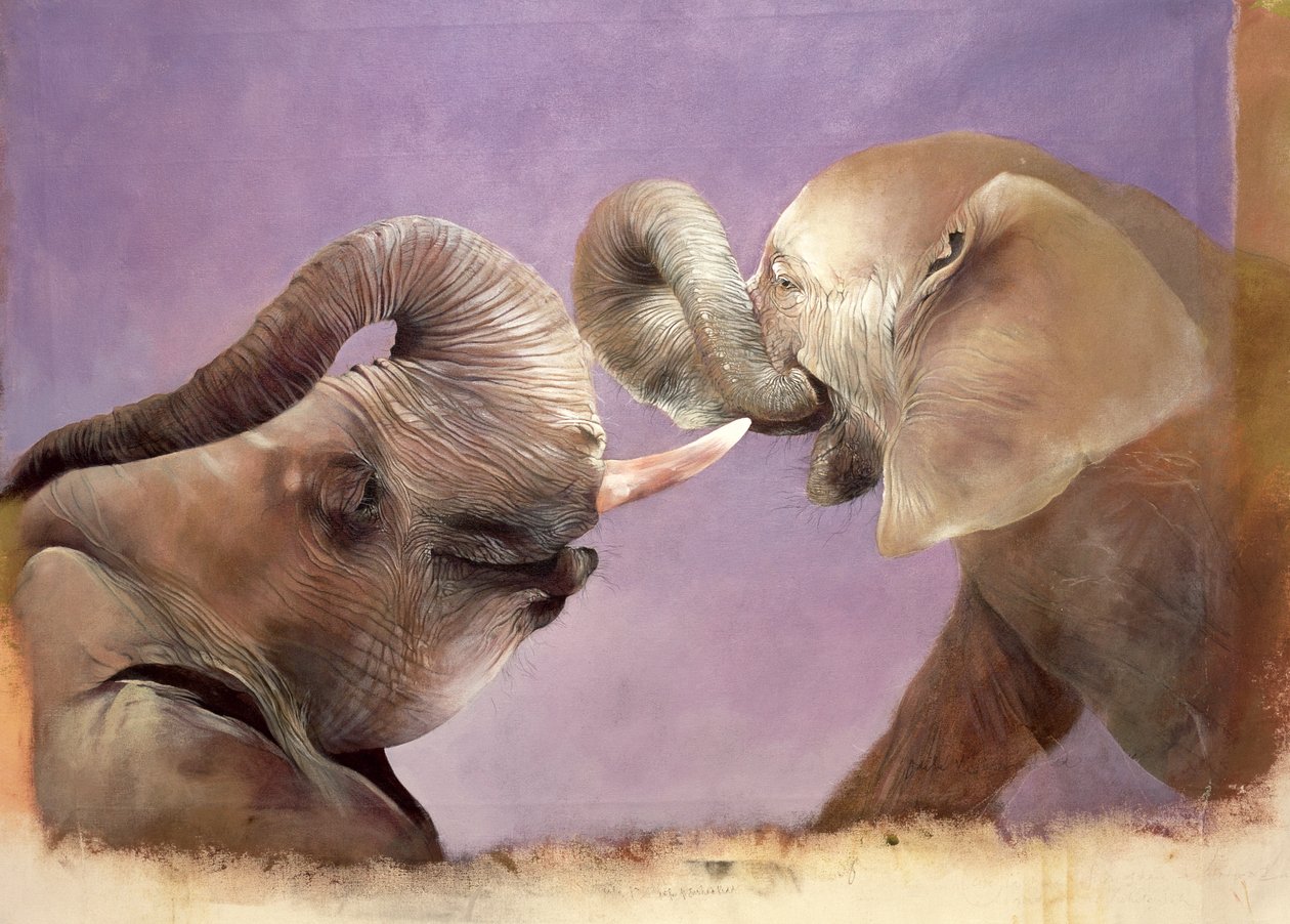 Elefantes a brincar, 2001 (acrílico sobre tela) de Odile Kidd