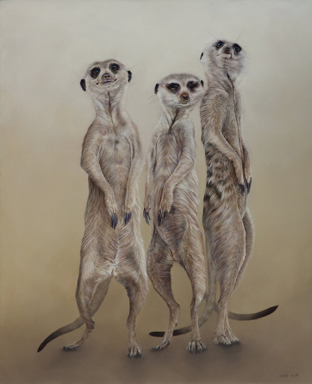 Suricatas, 2014 (acrílico sobre madeira revestida a gesso) de Odile Kidd