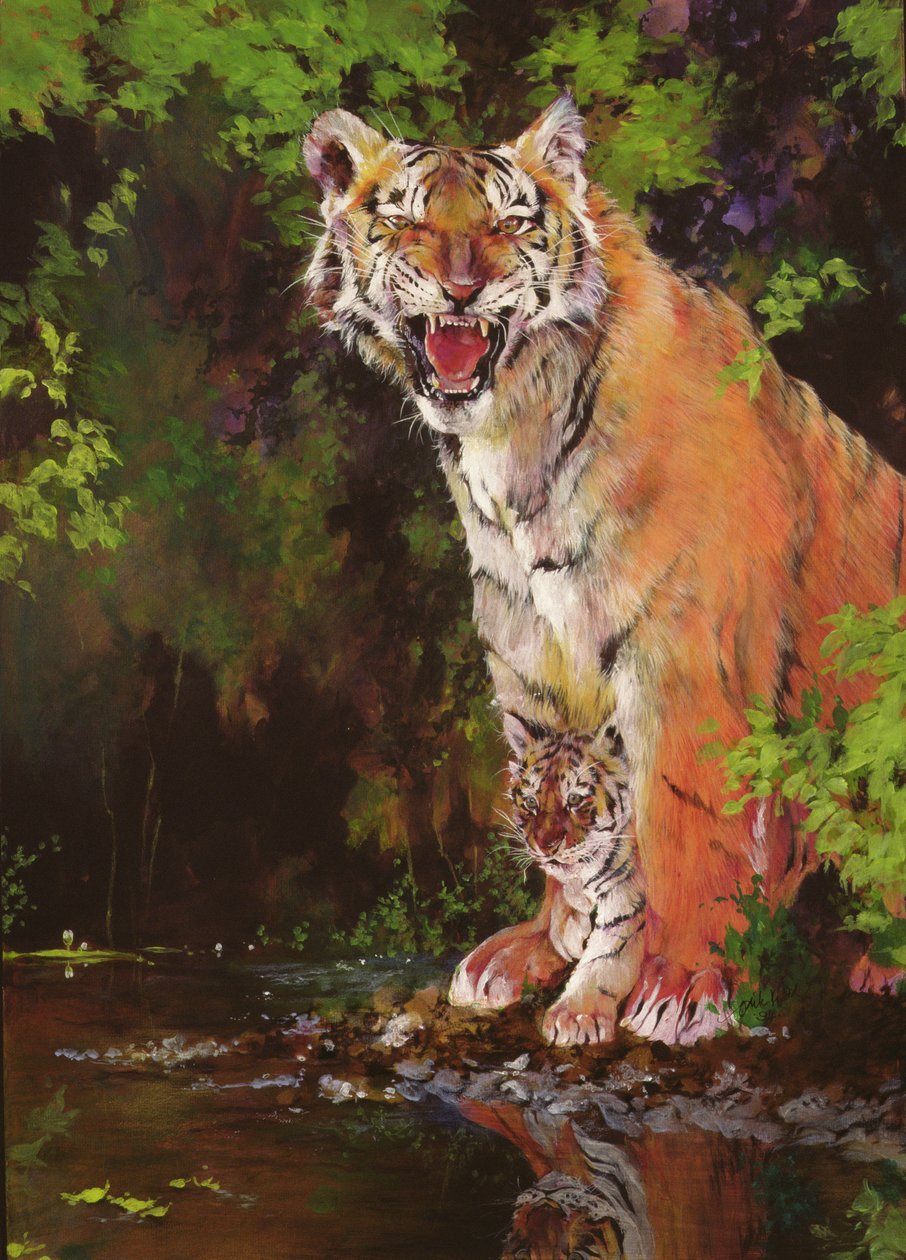 Mãe e Bebé II (Tigres) 1997 (acrílico e lápis de cera sobre papel) de Odile Kidd