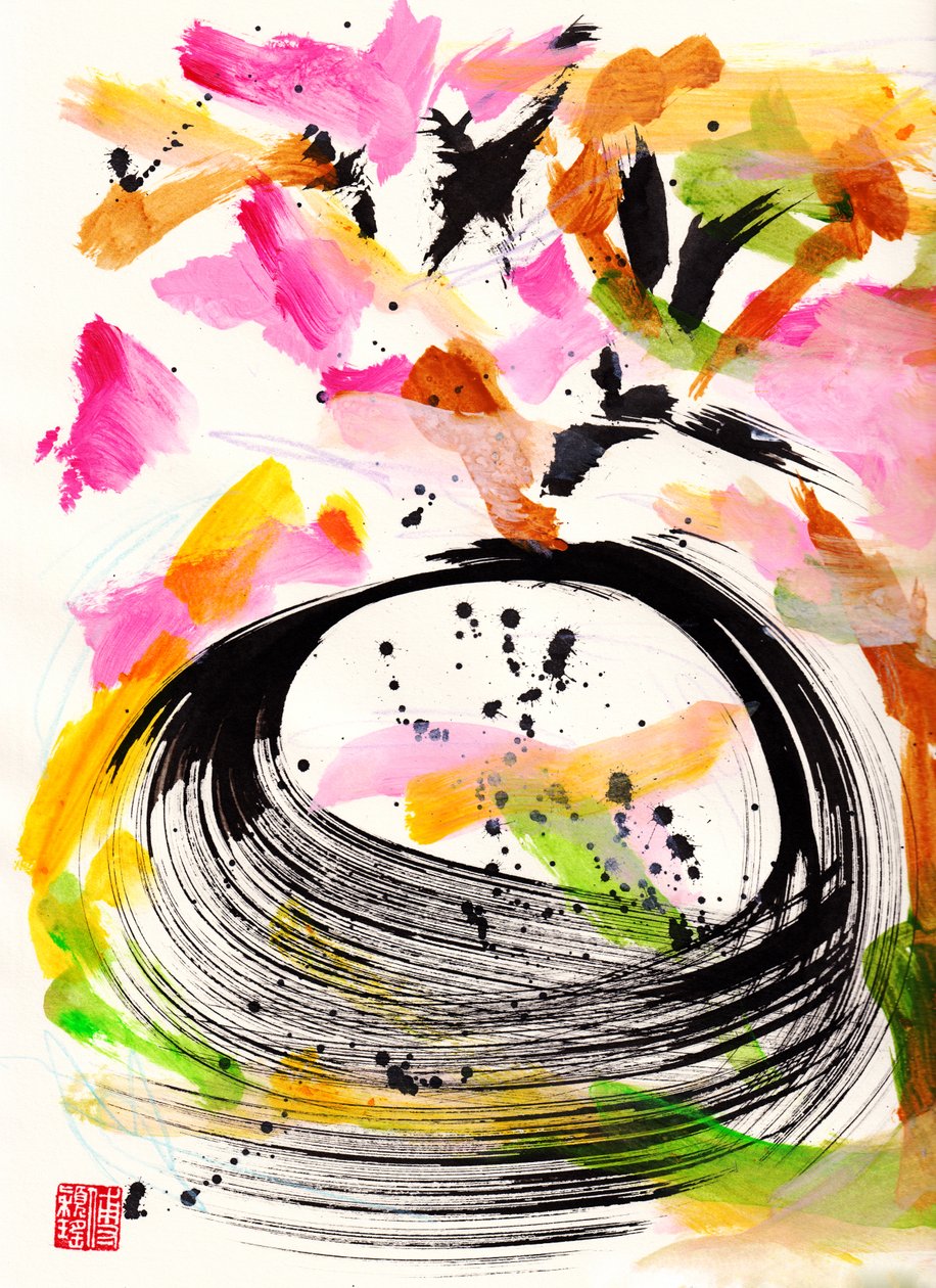 Mozart Ode To Love Floral Ink Abstraction, 2021 (tinta e cor sobre papel Xuan) de Odilia W. Y. Fu