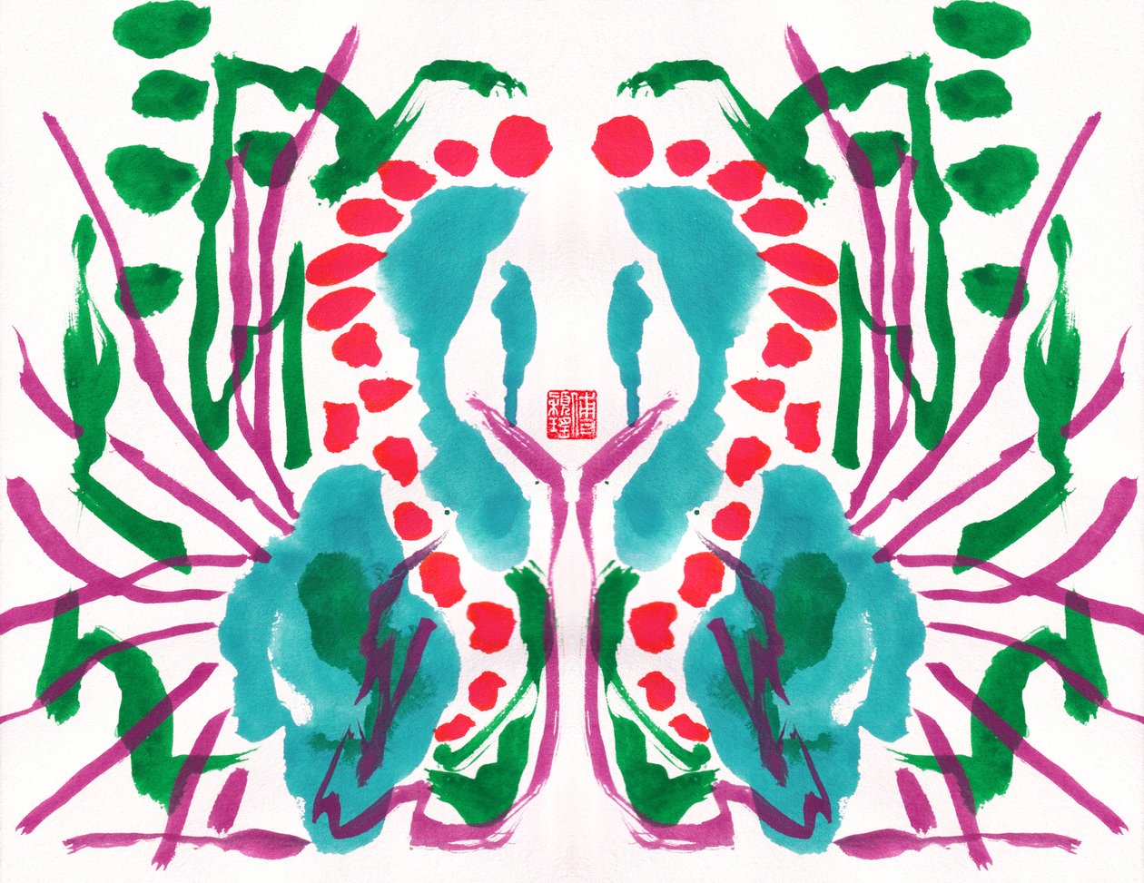 Padrão floral verde vermelho pavão, 2023 (guache sobre papel, digital) de Odilia W. Y. Fu