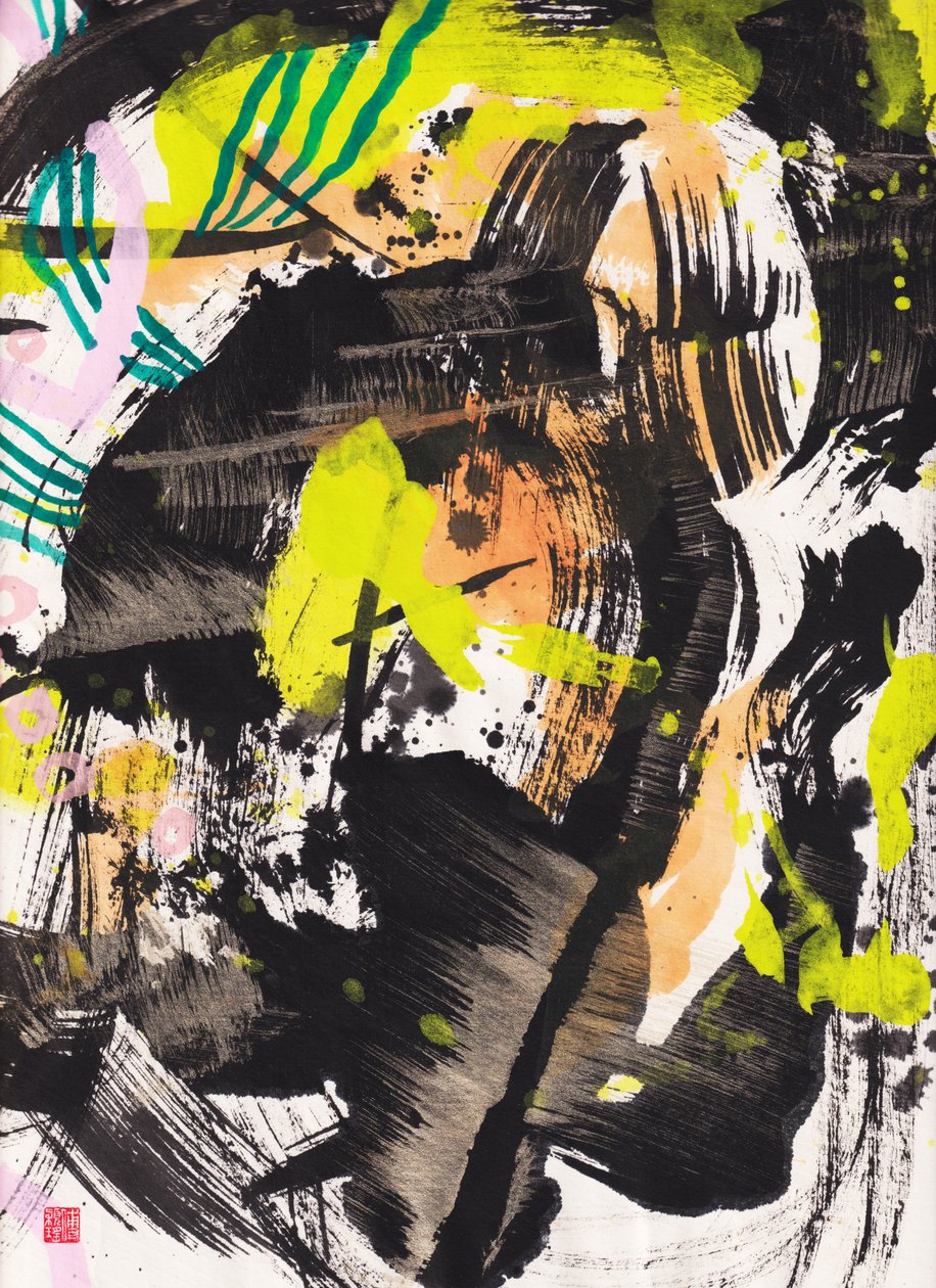 Zen Fire And Wind Ink Abstraction, 2018 (Tinta e cor sobre papel Xuan) de Odilia W. Y. Fu