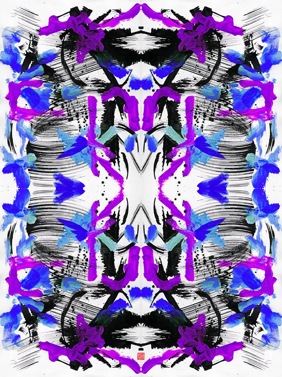 Zen Ink Blue Purple Floral Pattern, 2023 (acrílico sobre papel, digital) de Odilia W. Y. Fu