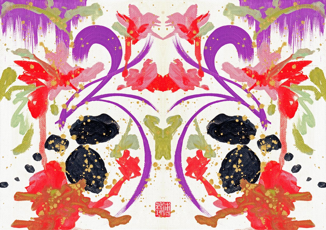 Zen Orange Purple Flowers 1, 2021 (acrílico sobre tela, digital) de Odilia W. Y. Fu