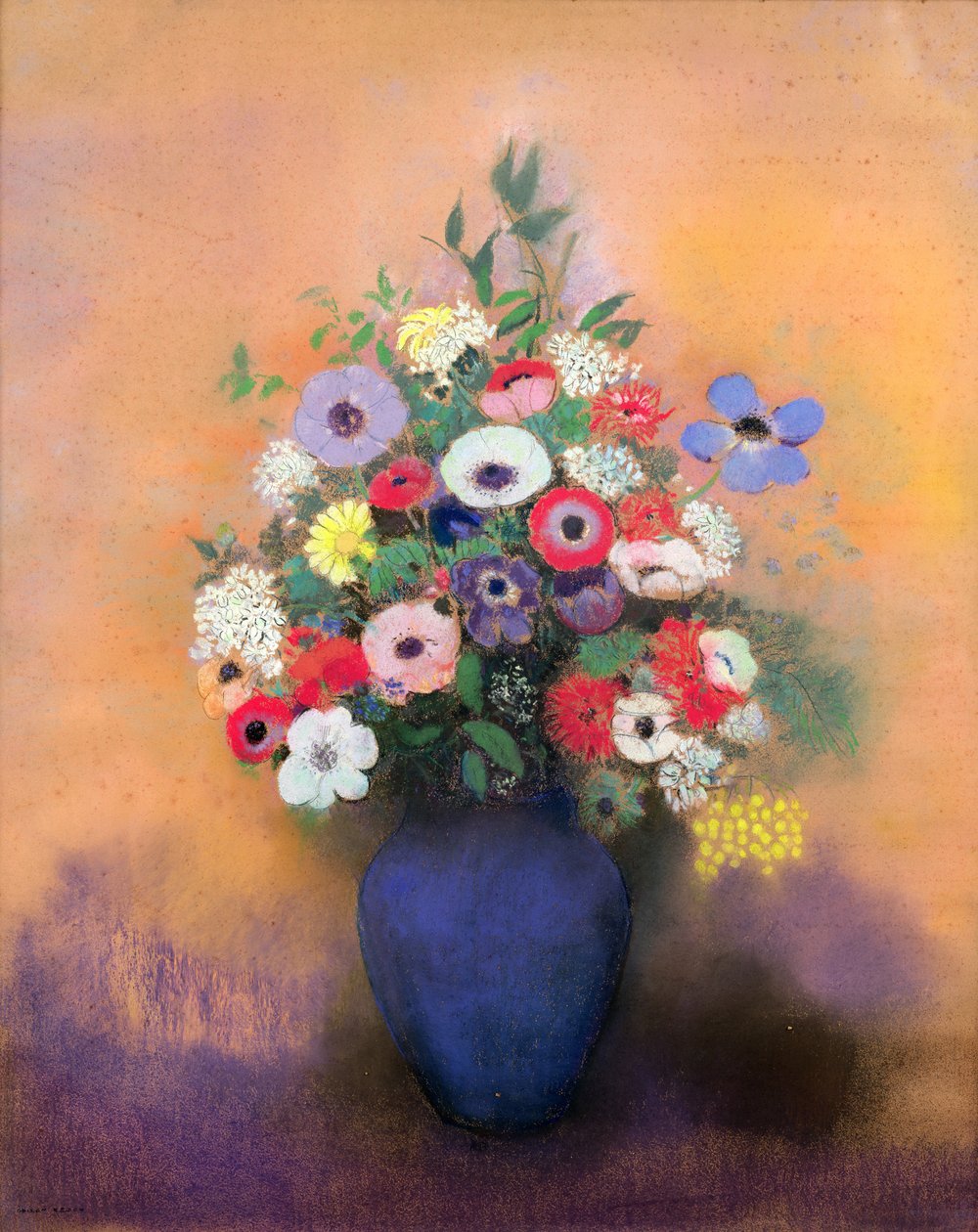 Anêmonas e lilás em um vaso azul, depois de 1912 (pastel) de Odilon Redon