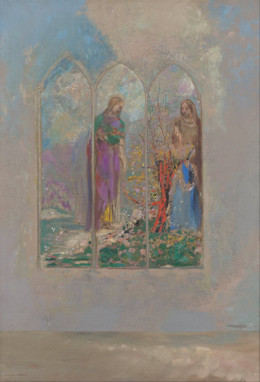 Devoção perto de um arbusto vermelho de Odilon Redon