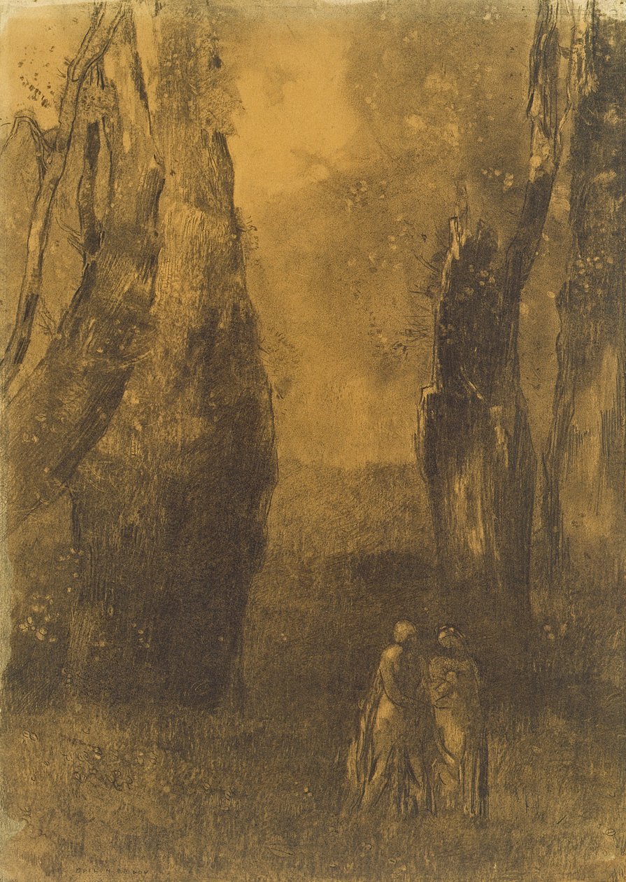Amantes em uma paisagem rochosa (carvão) de Odilon Redon