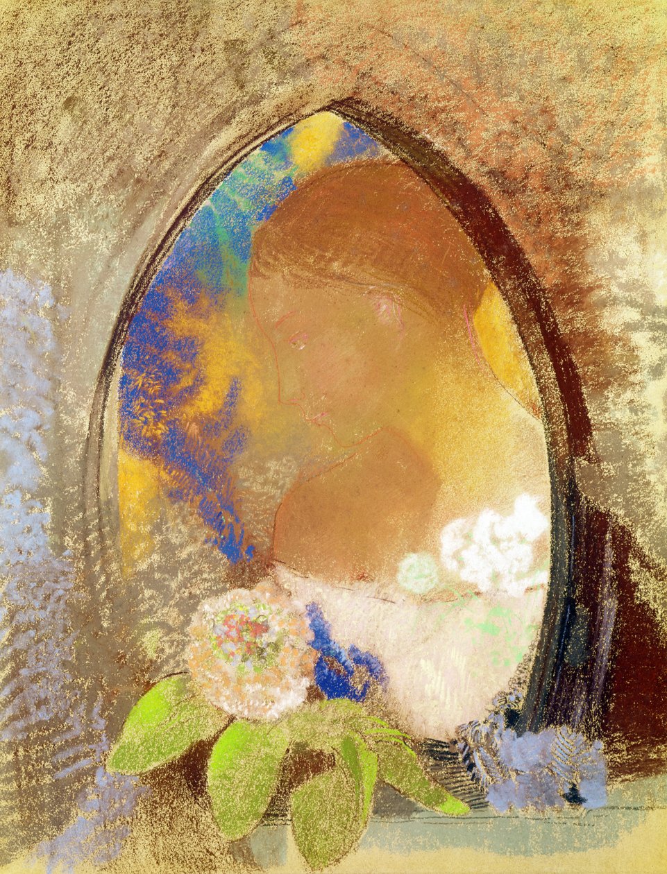 Retrato com flores (pastel sobre papel) de Odilon Redon