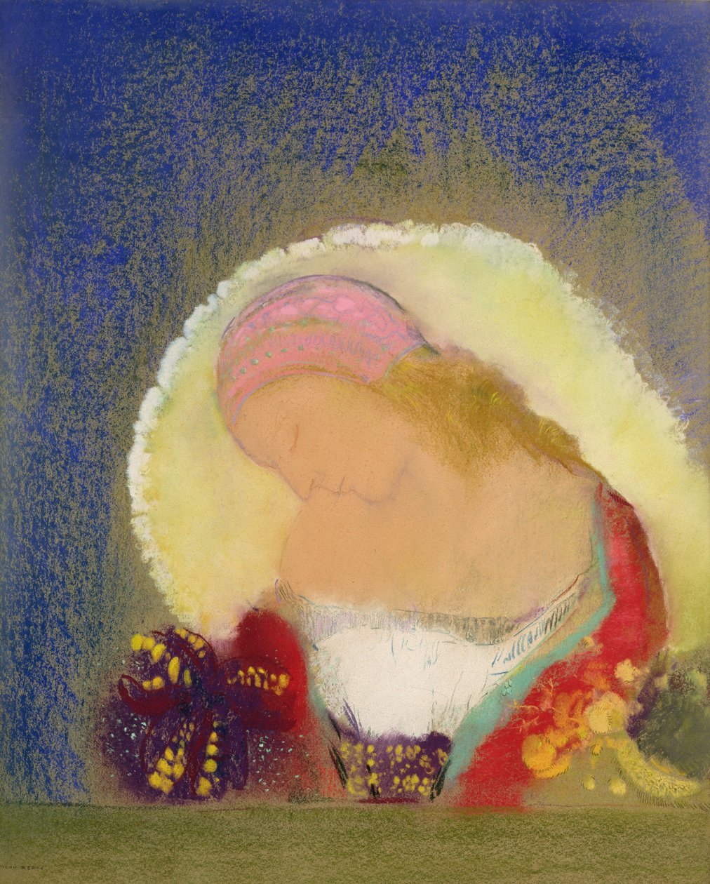 Perfil de uma menina com flores, c.1900 (pastel sobre papel) de Odilon Redon