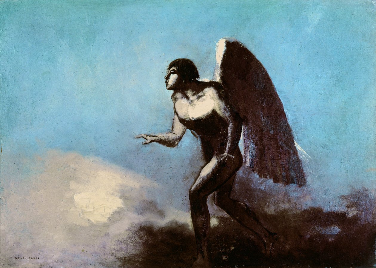 O homem alado ou, anjo caído, antes de 1880 (óleo no cartão) de Odilon Redon