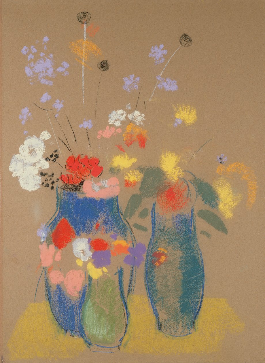 Três vasos de flores, c.1908-10 (pastel sobre papel) de Odilon Redon