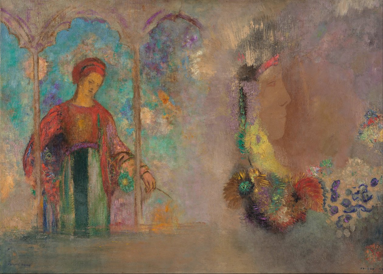 Mulher, em, um, gótico, arcada-, mulher, com, flores de Odilon Redon