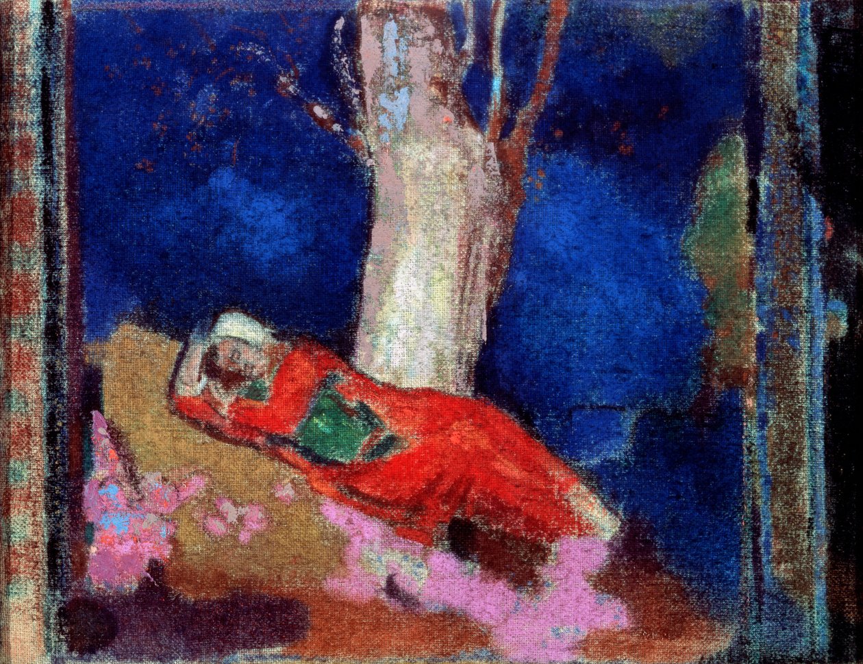 Uma mulher deitada sob a árvore, no século XIX ou no início do século XX. de Odilon Redon