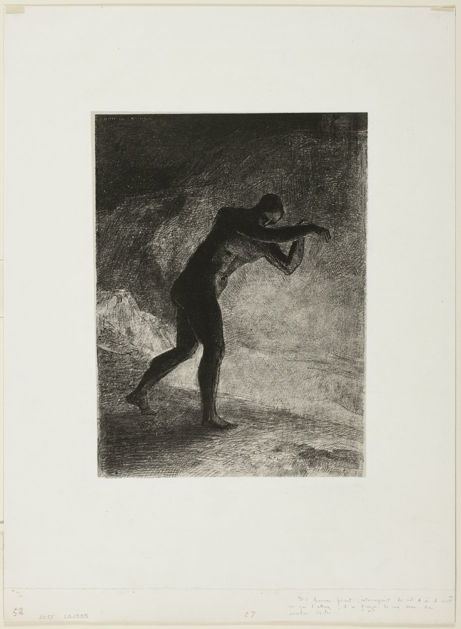 E o Homem Apareceu; Questionando a Terra da qual ele emergiu e que o atraiu, ele fez seu caminho em direção ao brilho sombrio, placa 8 de 8 de "Les Origines" de Odilon Redon