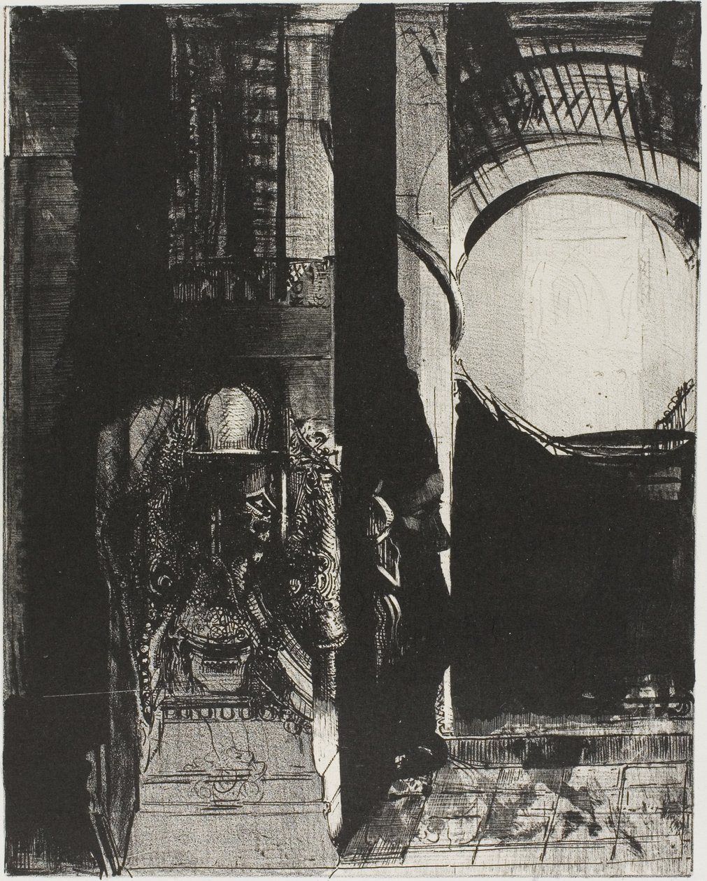 E por todos os lados há colunas de basalto,... a luz cai do telhado abobadado, placa 3 de 24 de Odilon Redon