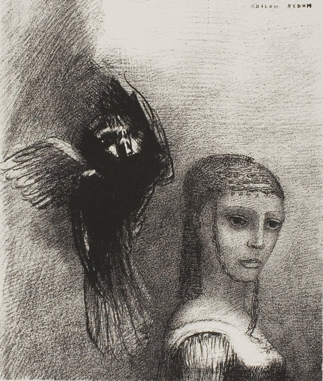 E um grande pássaro, descendo do céu, se lança contra o ponto mais alto de seu cabelo, placa 3 de 10 de Odilon Redon