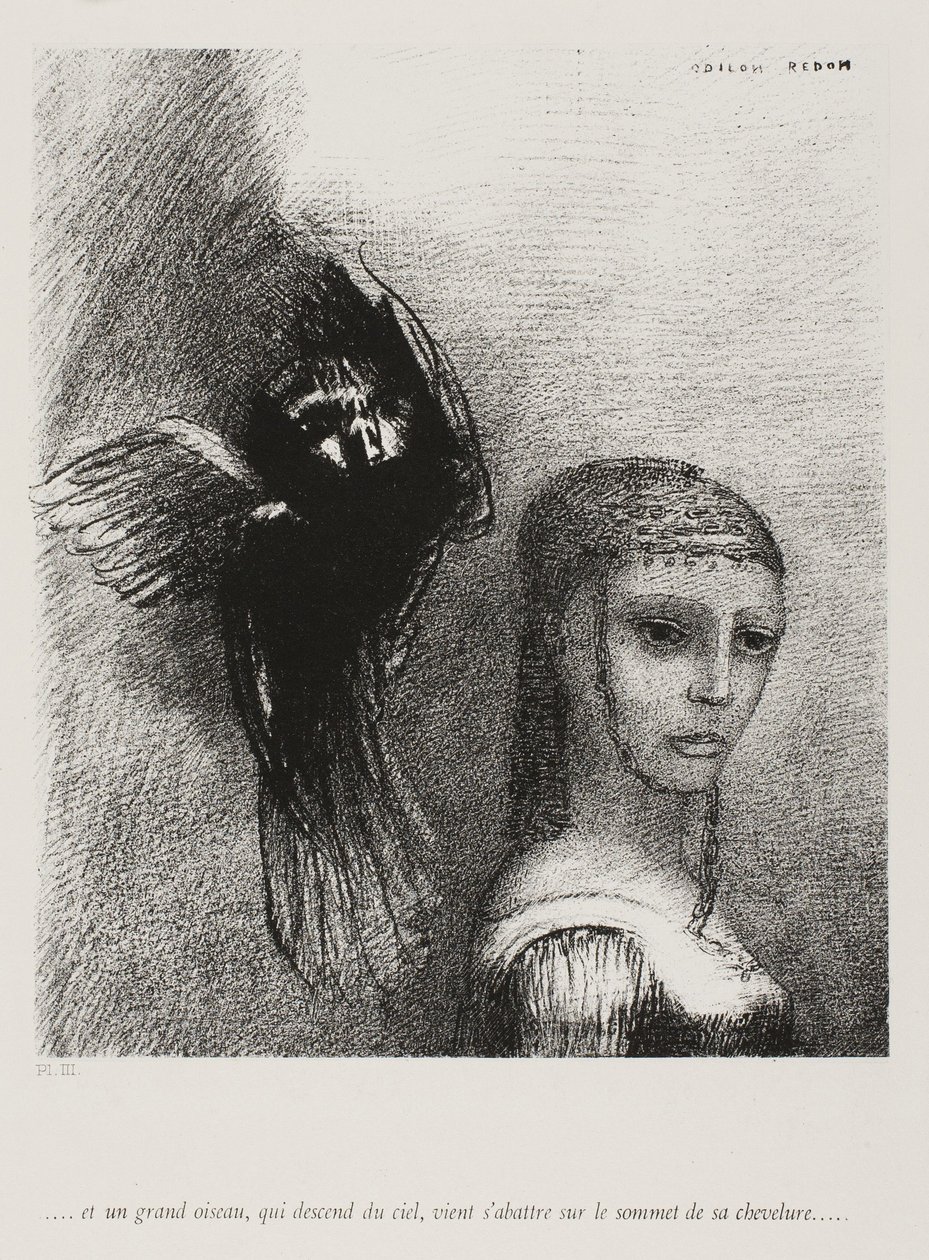 E um pássaro grande, descendo do céu, se lança contra a ponta mais alta de seu cabelo, placa 3 de 10, 1888 de Odilon Redon