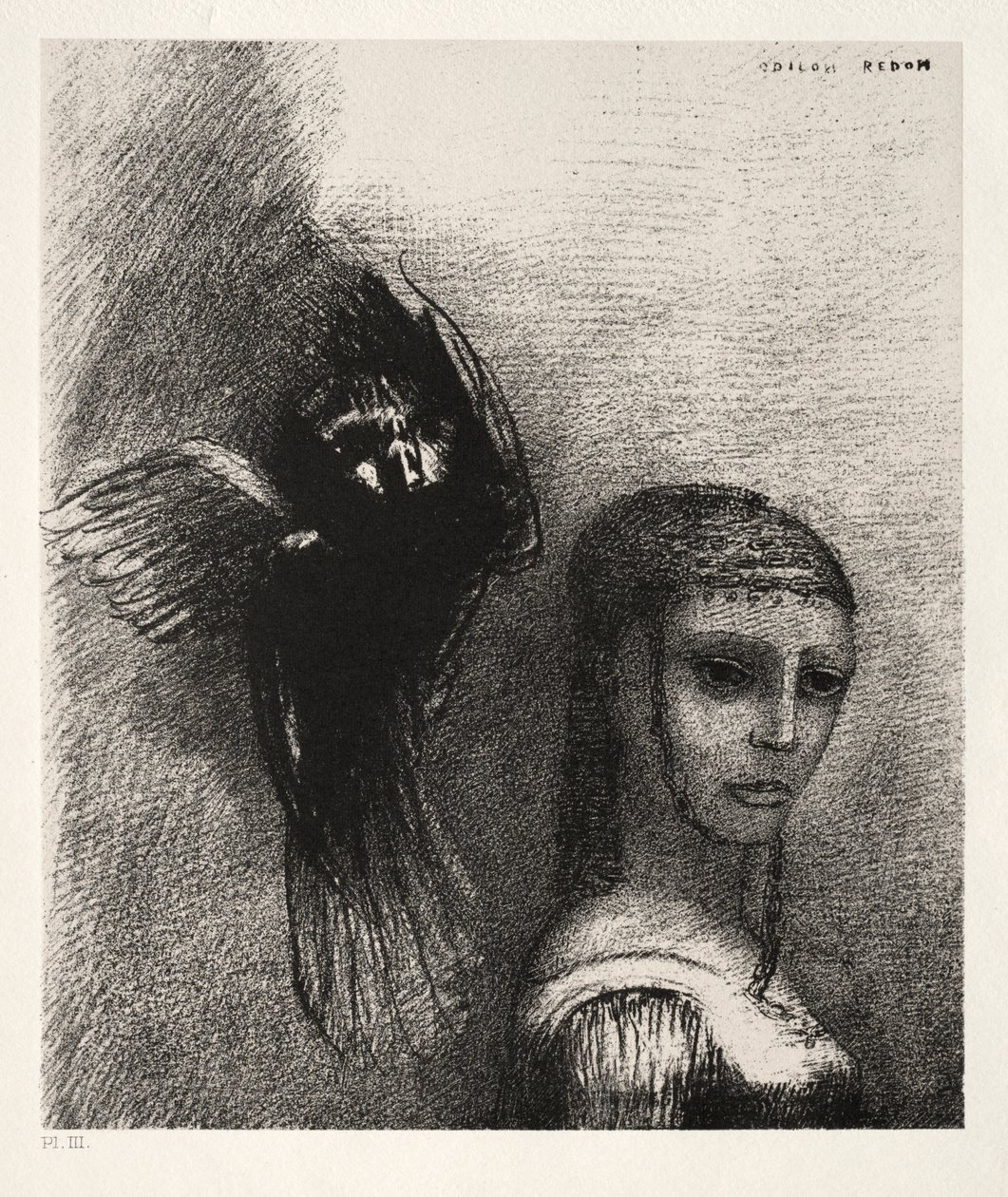 E um grande pássaro, descendo do céu, se lança contra o ponto mais alto de seu cabelo de Odilon Redon