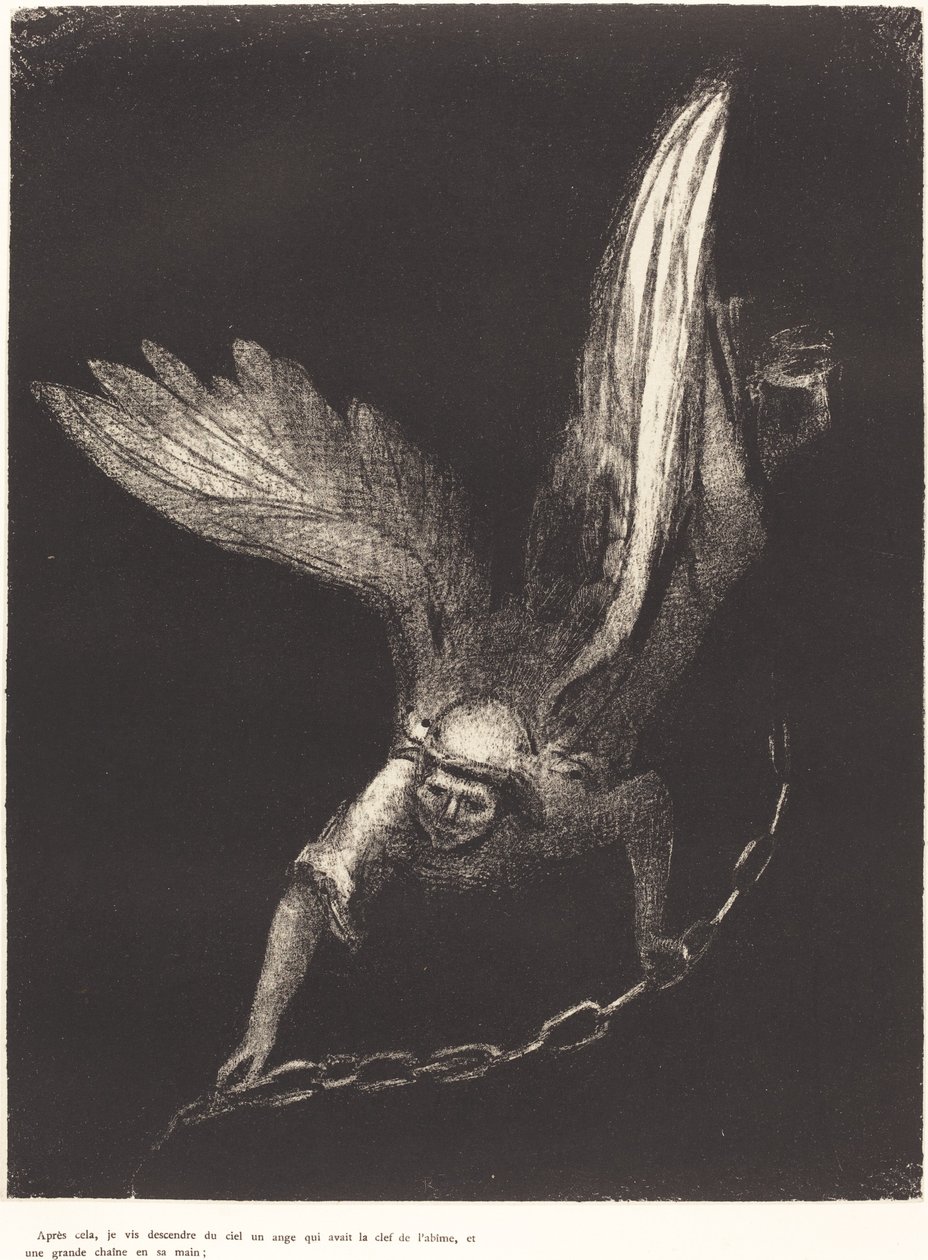 Depois disso eu vi um anjo descer do céu, tendo a chave do abismo e uma grande corrente em sua mão (E eu vi um anjo descer do céu, tendo a chave do abismo e uma grande corrente em sua mão ) de Odilon Redon